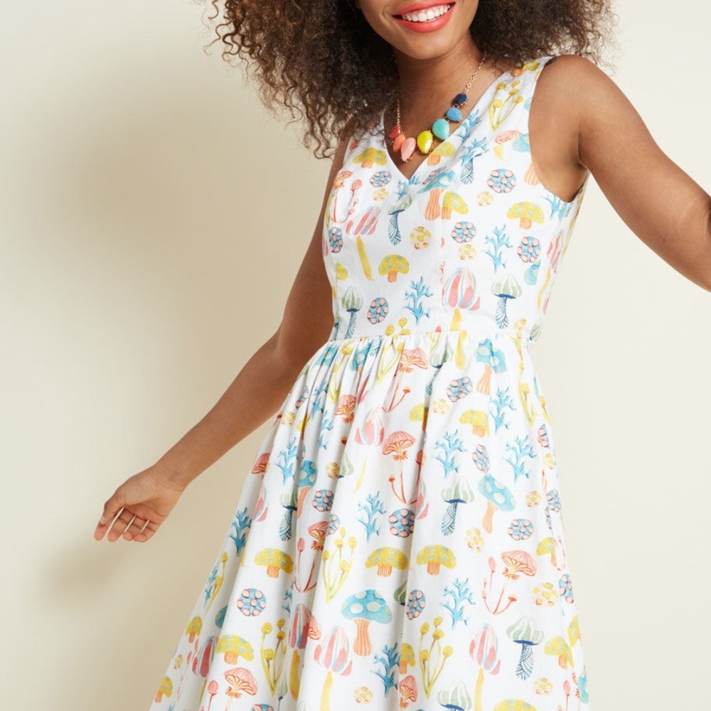 ModCloth White Dress with Multicolor Mushroom Print - Picture 3 of 6